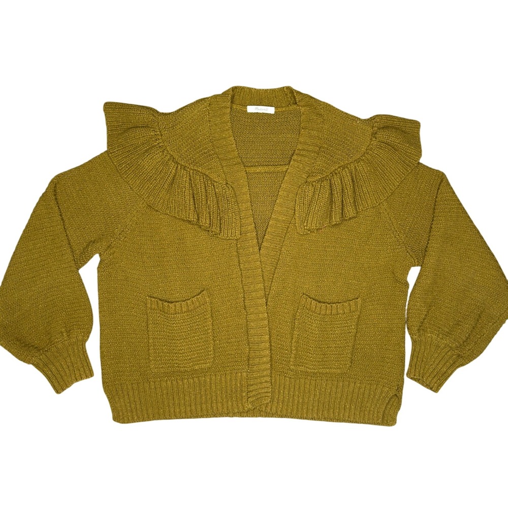 Madewell Ruffle Cardigan Sweater XXL Golden Spinach Green Chunky Knit Pockets